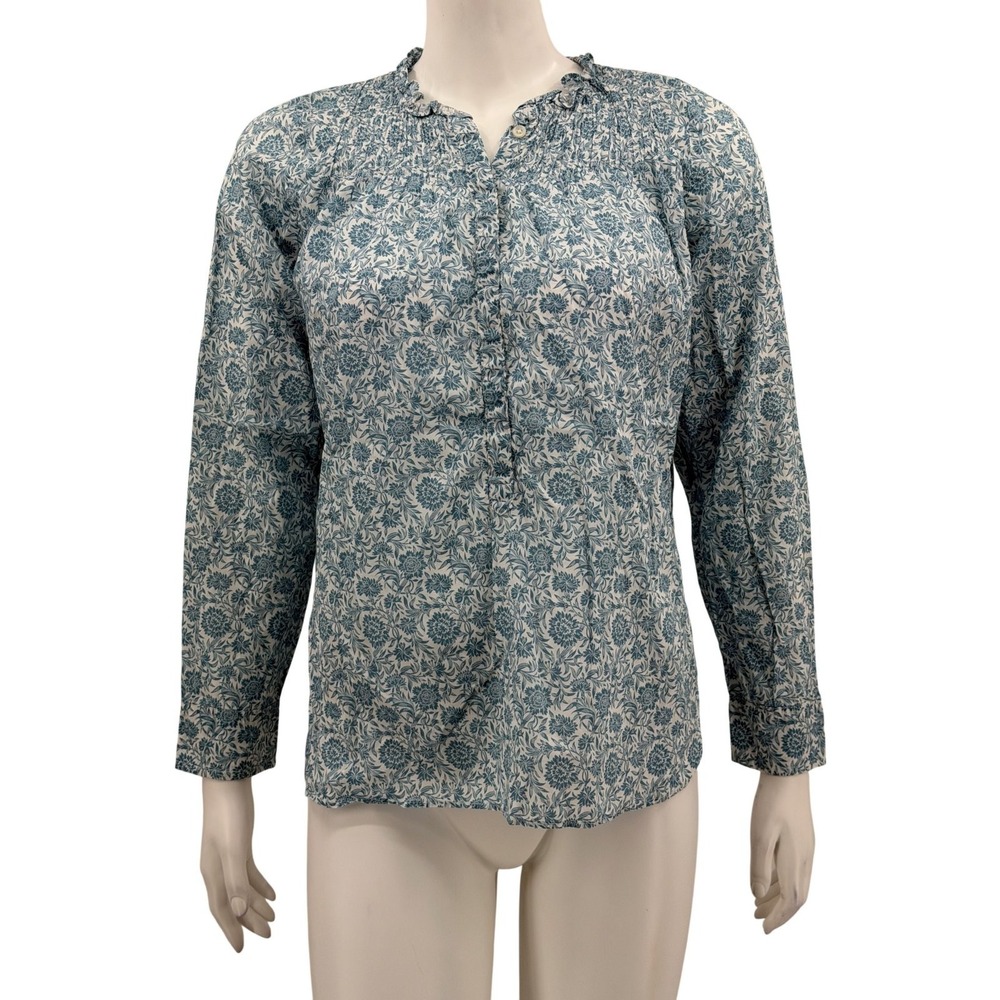 J Crew Top Womens Small Blue Floral Liberty Fabric Popover Ruffle Preppy Boho